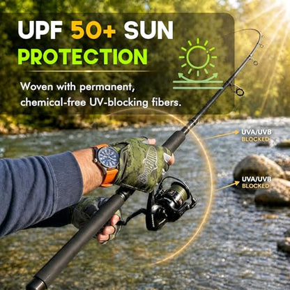 Riverruns SwiftShield Fishing Gloves Shortened Wrist UPF50+ Sun Gloves Fingerless Lightweight Breathable Hiking Driving Kayaking Paddling - color: CamoGreen, size: X-Large