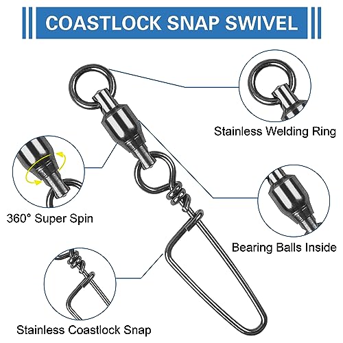 AGOOL Ball Bearing Fishing Swivel with Coastlock Snap Kit - 60pcs Stainless Steel Welded Ring Barrel Swivels Fish Line Connector Saltwater Fishing High Strength 8 to 440Lb Copper with Nickle Coated