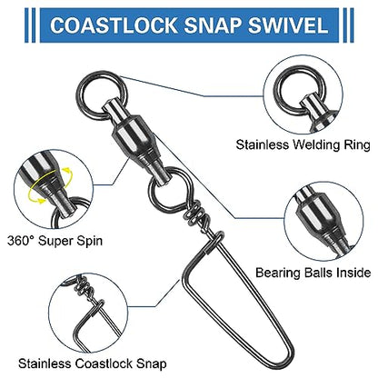 AGOOL Ball Bearing Fishing Swivel with Coastlock Snap Kit - 60pcs Stainless Steel Welded Ring Barrel Swivels Fish Line Connector Saltwater Fishing High Strength 8 to 440Lb Copper with Nickle Coated