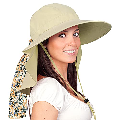 Solaris UPF 50+ Wide Brim Sun Hat for Women - Small Size Packable Lightweight, Floral Scarf Cooling Hat with Neck Flap - color: Tan