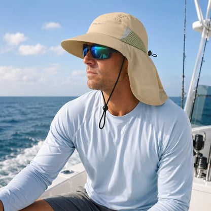 Palmyth Fishing Hat Wide Brim Sun Hat with Neck Flap & Sunglasses Storage | Sun Protection, Adjustable Fit, Breathable Mesh & Sweatband, Foldable, For Men & Women - color: Khaki