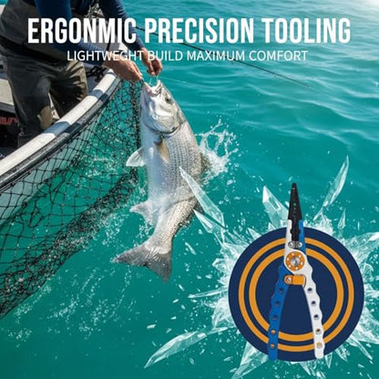 Aluminum Fishing Pliers, Saltwater Resistant, Lightweight, with Hook Remover, Split Ring Tool, Braid Line Cutters, Crimping Sleeves, Anti-Lost Lanyard, Nylon Sheath Included