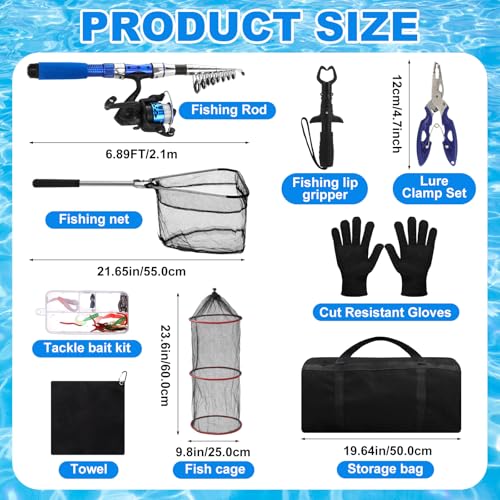 51 Pcs Fishing Rods Combo 6.89ft Telescopic Freshwater Pole Set with Plier Lip Gripper Lures Carrier Bag Pre Loaded Spinning Reel with Freshwater Rod Reel Kit Father Men Gift - color: Blue