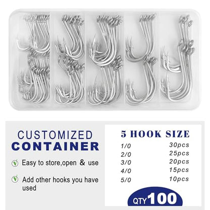 Octopus Beak Fishing Hooks, 100PCS Saltwater Offset Circle Hooks Stainless Steel Round Bend Fishing Jig Hooks for Freshwater Saltwater
