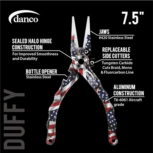 Gambler danco Duffy 7.5-inch Fishing Pliers with Replaceable Line Cutters, Aircraft Grade Aluminum Fishing Gear, Saltwater Resistant Fishing Tools, Rubberized Paint Coating (USA) - color: USA