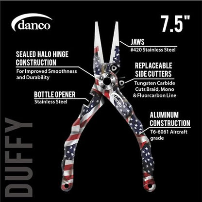 Gambler danco Duffy 7.5-inch Fishing Pliers with Replaceable Line Cutters, Aircraft Grade Aluminum Fishing Gear, Saltwater Resistant Fishing Tools, Rubberized Paint Coating (USA) - color: USA