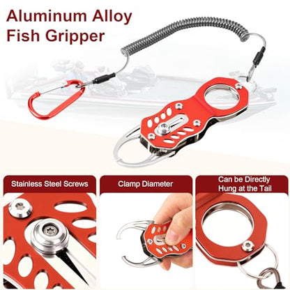 Stainless Steel Mini Fish Grip Tool, Portable Fishing Pliers with Retractable Lanyard and Carabiner, Self-Locking Rustproof Lip Gripper for Kayak Saltwater Freshwater Fishing