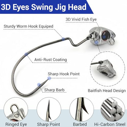 Vivid Fish Eyes Swimbait Jig Heads for Fishing, 15Pcs Swing Bass Jigheads Lifelike Weedless Jig Heads for Ned Rig or Texas Rig 1/8 3/16 1/4 3/8 1/2oz - size: 3/16oz-2/0, 15Pcs