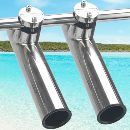 2-Pack Stainless Steel Fishing Rod Holders | 32-Angle Adjustable Clamp-On Rail Mount | Fits 7/8"-1" Rails for Boat, Yacht, RV & Truck | Marine-Grade Anti-Corrosion with Rubber Protector