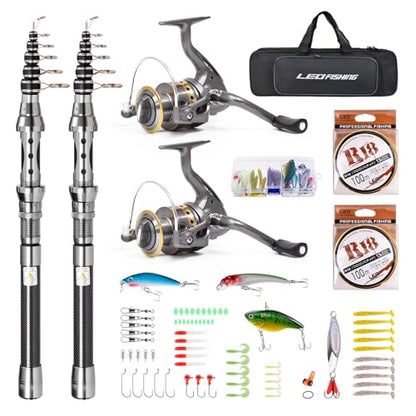 2Pcs Telespoic Fishing Rod and Reel Combos with Spinning Reel and Necessary Lure Accessories Portable Carrier Bag for Saltwater Freshwater