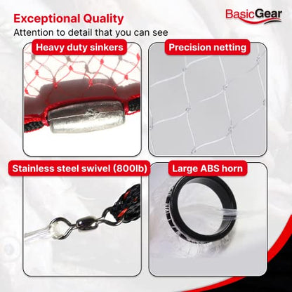 BasicGear Cast Net | Lead, 3ft-12ft Radius, 3/8 or 1/4 inch Mesh for Freshwater and Saltwater Bait Fish| Professional Grade and Upgraded Material | Throw Style - size: 8ft Radius, 3/8" Mesh, 1LB Sinkers