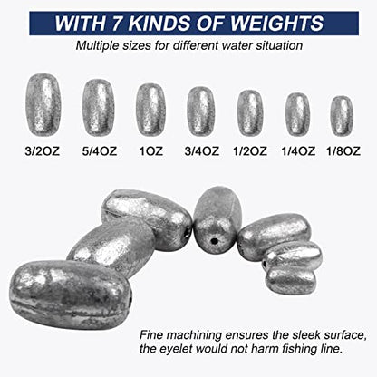 Fishing Egg Sinker Weights Kit, 42pcs Saltwater Fishing Weights Assortment Oval Drop Bass Casting Worm Weights Tackle for Saltwater Freshwater Fishing