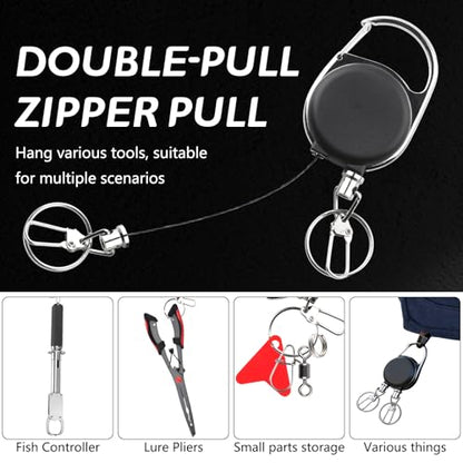 Dual Tool Fishing Retractor, Heavy Duty 2-Hook Retractable Zinger, 16.93" Cord 360° Swivel, Double Tool Holder for Nippers Forceps Pliers Scissors, Saltwater Freshwater Fishing Accessories