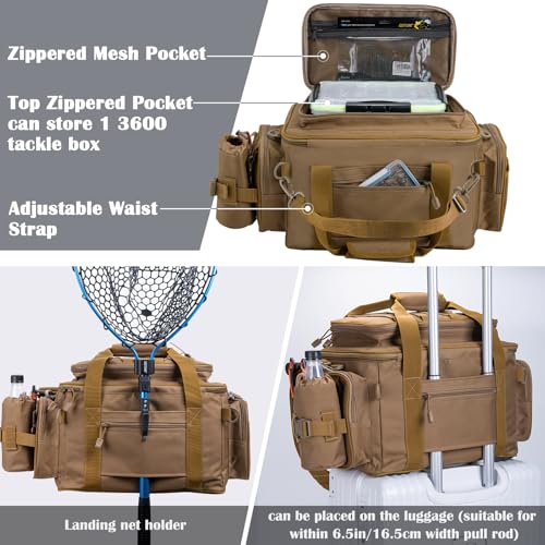 Goture Fishing Tackle Bag with 2pcs 3600 Tackle Boxes, 600D Water-Resistant Soft Side Saltwater Gear Storage Fishing Bag with Rod Straps, Detachable Water Bottle Pouch, Waterproof Bottom, SBS Zippers - color: C1:Khaki with 2 3600 Tackle Boxes, size: Large