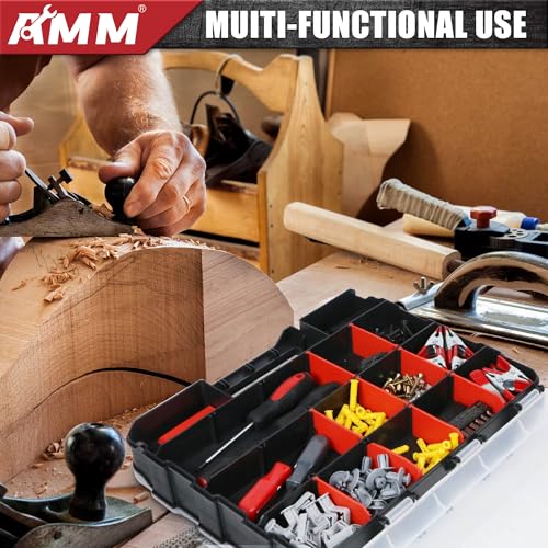 AMM Tool Box, Double Side Tool Box Organizer with 34 Compartments, Removable Dividers, Tackle Box Small Parts Screw Hardware Organizer for Screws, Nuts, Nails and Bolts (2 Piece, Red) - size: 2PC
