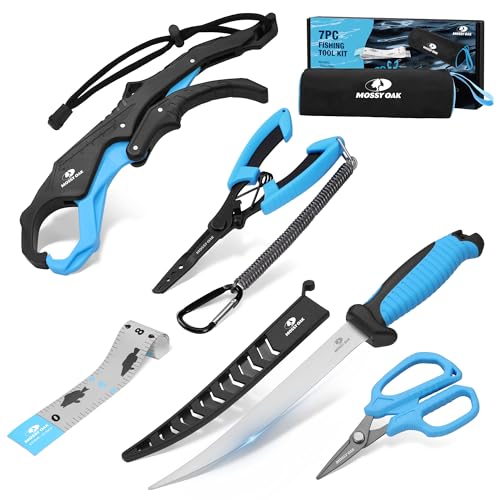 Mossy Oak Fishing Tools Kit- Fishing Plier, Fish Lip Gripper, Multifunctional Fishing Hook Remover with Lanyards Sheath, Saltwater Resistant Fishing Accessories & Equipment, Fishing Gifts for Men - style: 7pc fishing tool kit