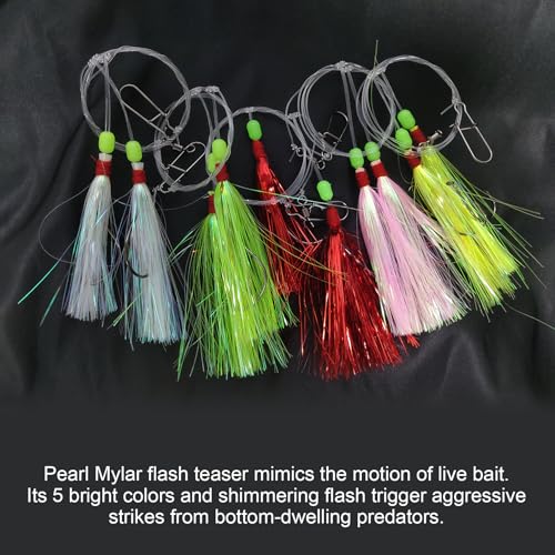 Eupheng Fluke Flounder Hi-Lo Rig, 3/0 5/0 5PCS Saltwater Fishing Bait Rigs with Mylar Teaser for Surf Ocean Fishing Sea Bass Halibut Rockfish Cod - size: Circle Hook-#3/0-5PCS