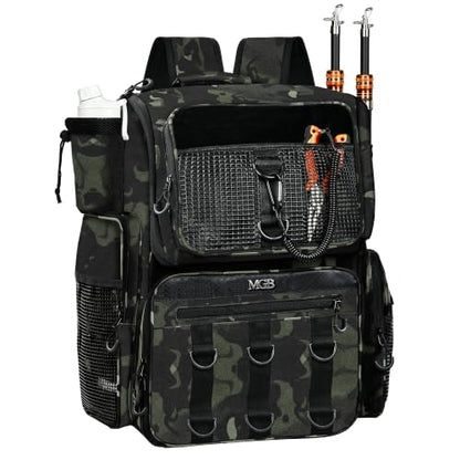 MGB Fishing Tackle Backpack with Rod Holders & YKK Zipper, 46L Fishing Bag with Bottle Holder, Storage Bag Store Fishing Gear - color: Green+black Camo（without Tackle Box）