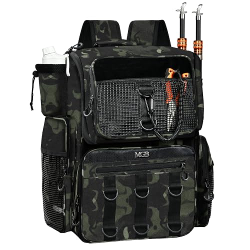 MGB Fishing Tackle Backpack with Rod Holders & YKK Zipper, 46L Fishing Bag with Bottle Holder, Storage Bag Store Fishing Gear - color: Green+black Camo（without Tackle Box）