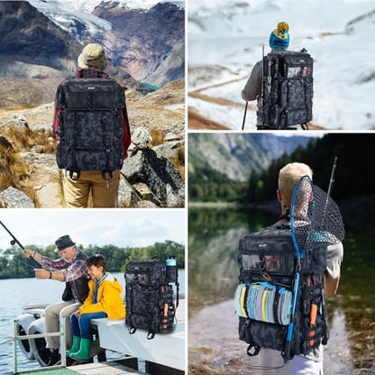 Goture Fishing Backpack with Cooler,72L Large 600D Tackle Backpack with Rod Holders,Dry & Wet Split Compartment,Adjustable Main Compartment,Rain Cover,Insulated Tactical Bag for Travel Camping Hiking - color: Camo (Only Bag, Without Tackle Box)