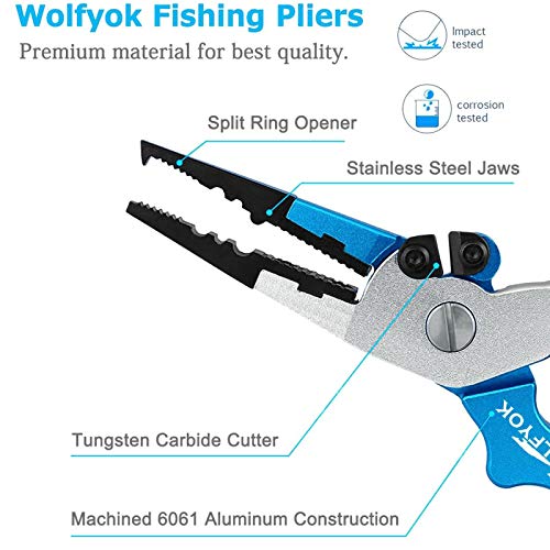 Aluminum Fishing Pliers, Wolfyok Stainless Steel Hook Removers Pliers, Saltwater Split Ring Tool & Braid Line Cutters with Sheath and Lanyard