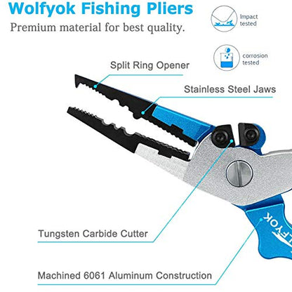 Aluminum Fishing Pliers, Wolfyok Stainless Steel Hook Removers Pliers, Saltwater Split Ring Tool & Braid Line Cutters with Sheath and Lanyard