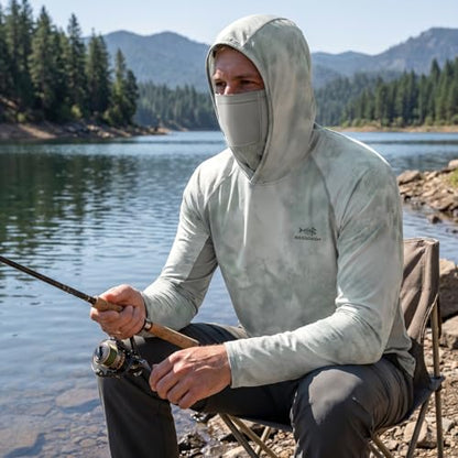 BASSDASH UPF 50+ Men’s Fishing Hoodie Shirts with Mask Camo UV Long Sleeve Moisture Wicking FS53M - color: Ash Grey Mist, size: Large