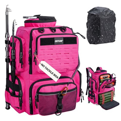 Goture Fishing Backpack,900D Water-Resistant Tackle Backpack with Rod Holders,45L Large Fishing Bag Storage Gear Tackle Bag with Rain Cover,Bottle Holder for Travel Camping Hiking(Without Tackle Box) - color: A2:45L Pink(Without Tackle Box)