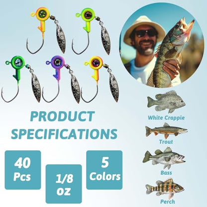 Crappie Jigs with Spinner - 1/32 oz, 1/16 oz, 1/8 oz Underspin Jig Heads for Crappie, Panfish, Bass - 40pcs - color: 1/8oz