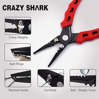 Fishing Pliers, Stainless Steel Fishing Tools, Saltwater Resistant Fishing Gear, Tungsten Carbide Cutters, Split Ring Pliers, Hook Remover with Coiled Lanyard and Sheath - color: Red B - 6" Split Ring Nose