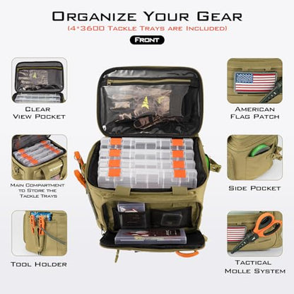 KastKing Karryall Fishing Tackle Bags with 4 * 3600 Tackle Trays - Saltwater & Freshwater Fishing Gear Storage - color: Khaki, size: Medium - 4*3600 Trays