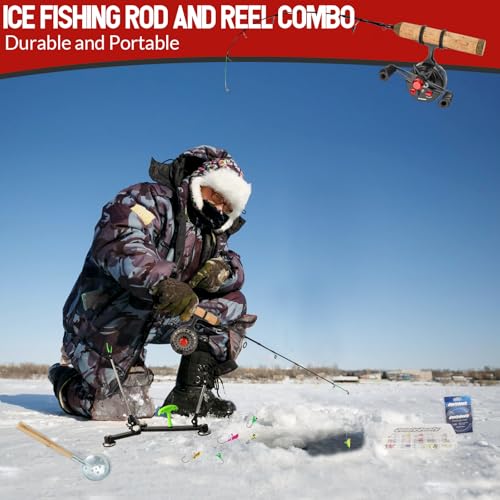 QualyQualy Ice Fishing Rod Reel Combo Complete Set Ice Fishing Gear with Backpack Seat Ice Cleats Ice Fishing Jigs Line Full Ice Fishing Kit 24" 26" - style: 26" Inline Reel-right Hand