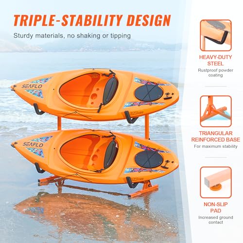 VEVOR Kayak Storage Rack, Heavy Duty Adjustable Freestanding Stand with Lockable Wheels for Indoor Outdoor Garage Shed Dock, Holder for Canoe, SUP, Surfboard & Paddleboard - style: Freestanding-2 Kayaks-orange
