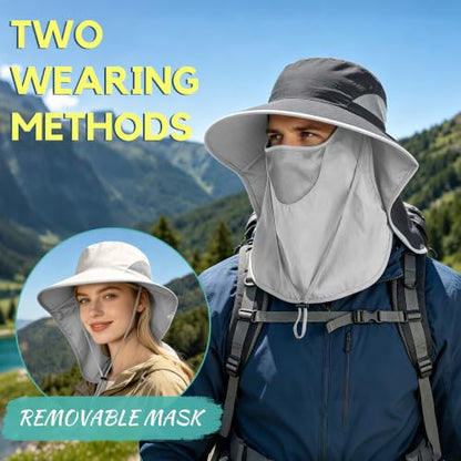 2 Pack Women Men Outdoor Wide Brim Sun Hat with Neck Face Flap,UPF 50+ Protection Fishing Garden Work Hat with Ponytail Hole - color: Dark Grey ＆ Beige