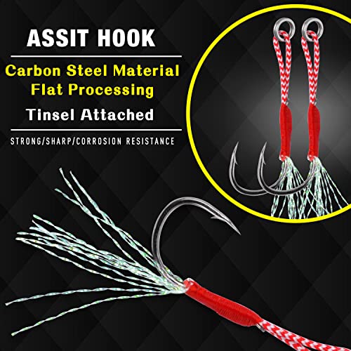 Fishing Assist Hooks Kit, 60pcs Stinger Jigging Assist Hooks Slow Pitch Jig Fishing Hooks Saltwater with Mylar Flash Teasers PE Line for Vertical Jigging Lures