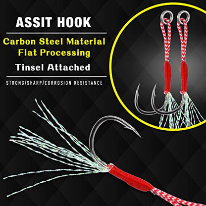 Fishing Assist Hooks Kit, 60pcs Stinger Jigging Assist Hooks Slow Pitch Jig Fishing Hooks Saltwater with Mylar Flash Teasers PE Line for Vertical Jigging Lures