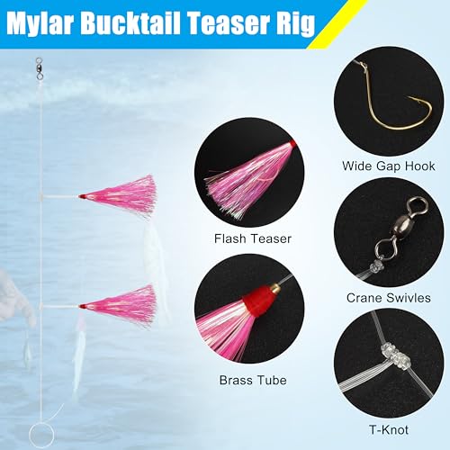 Fishing Teaser Rigs Saltwater, 3/6 Pack Flounder Rigs Hand Tied Sea Bass Hi Lo Rig Fishing Bait Rigs Multicolor Mylar Bucktail Teasers Rig for Flounder Fluke Halibut Sea Bass - size: 6 Packs, style: Mylar Teaser