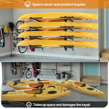 Bonnlo Kayak Storage Rack, Adjustable Heavy Duty Kayak Rack for Kayaks Paddle Boards, Kayak Paddle Holder for Garage, Spacesaver, Gentle on Padding, Boat Organizer - style: 4 Kayaks, Wall Mount