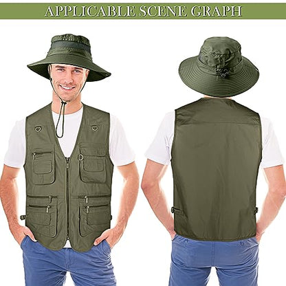 Janmercy 2 Pieces Men's Work Fishing Vest with Hat Lightweight Safari Travel Hunting Waistcoat With Multi Pockets Fishing Hat - color: Army Green, size: Small