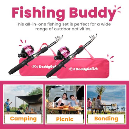 DaddyGoFish Kids Fishing Pole - Rod Reel Combo Tackle Box Starter Set - First Year Small Dock Gear Kit for Boys Girls Toddler Youth Age Beginner Little Children Junior Anglers Older Kids - color: 2 Pack- Pink + Pink