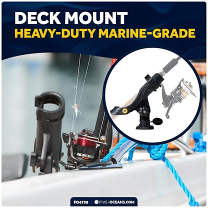 Five Oceans Fishing Rod Holder for Boat with Deck Mount Base, Black, High-Impact Nylon for Boats & Kayaks, Multiple Sizes - style: Large Rod Holder + Spring-loaded Lock Cap Base