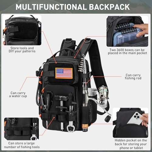 THKFISH Fishing Backpack with Rod Holder, Fishing Tool Kit, Water-Resistant Bag With Fishing Lures Kit, Fishing Tackle Box and Pliers Set for Men Women (Black-87pcs) - color: Black-87pcs