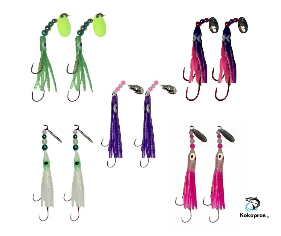 Squid Fishing Hoochies 10 Pack -Glow Fresh Water Kokanee Salmon Trolling Lures with Pre-Rigged Octopus Hooks - Spinner Blades, Synthetic Skirts Kokanee Hoochies for Salmon Fishing - style: Micro Hoochies 10-pack