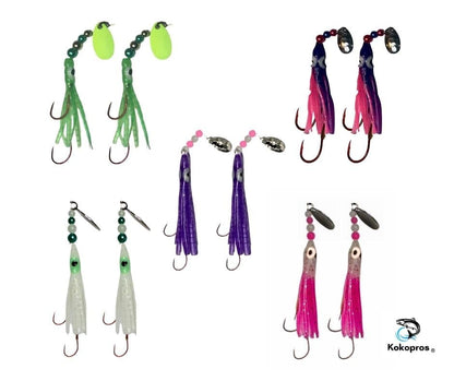 Squid Fishing Hoochies 10 Pack -Glow Fresh Water Kokanee Salmon Trolling Lures with Pre-Rigged Octopus Hooks - Spinner Blades, Synthetic Skirts Kokanee Hoochies for Salmon Fishing - style: Micro Hoochies 10-pack