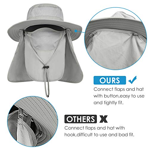 IYEBRAO Mens Outdoor Sun Hat with Face Neck Flap UV Protection Wide Brim Fishing Hat for Hiking Safari Gardening UPF 50+ - color: Light Gray