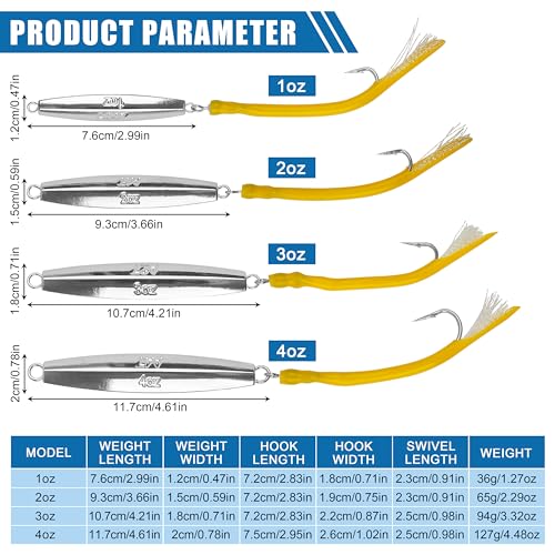 Diamond Jig Saltwater Fishing Lures Casting Jigging Spoon with Tube Tail Stainless Steel Hooks Trolling Lures Striped Bass Metal Jig for Deep Sea Surf Fishing Bottom Dragging Sinking - color: Yellow, size: 3 oz