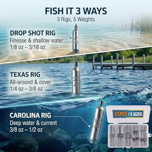 Drop Shot Fishing Weights, Lead Sinkers, 1/8oz, 3/16oz, 1/4oz, 3/8oz, 1/2oz, for Bass Fishing, Drop Shot Rig, Wacky Rig, Finesse Fishing - size: 55 Pcs / 5 Sizes