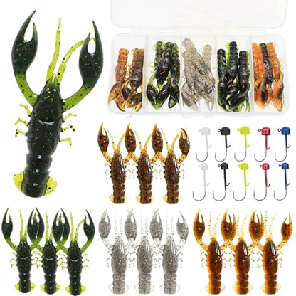 Soft Plastic Crawfish Lures Kit with Jig Heads, 25pcs/60pcs Creature Baits Fishing Lure Set for Bass Trout Pike Freshwater Fishing - color: 25pcs