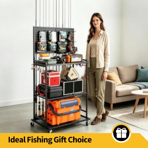 SOYEEZE Fishing Rod Holders for Garage, DIY Pegboard for Reels & Fishing Accessories, 12 Rod Capacity Fishing Pole Holder and 3-Tier Shelf for Tackle Box, Fishing Gear Organizer