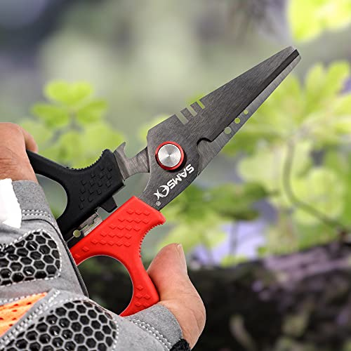 SAMSFX 6.5" Pro Fishing Shears Dual Serrated Blades, Fishing Braided Line Scissors with Titanium Coating, Non-Slip Grip & Multifunction Tool, Includes Hard Molded Locking Sheath & Coiled Lanyard - color: A: Black & Red Kraton Handle, Hard Sheath